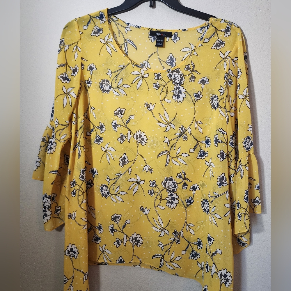 Style & Co. Women's Yellow Floral Sheer Top Bell Sleeve